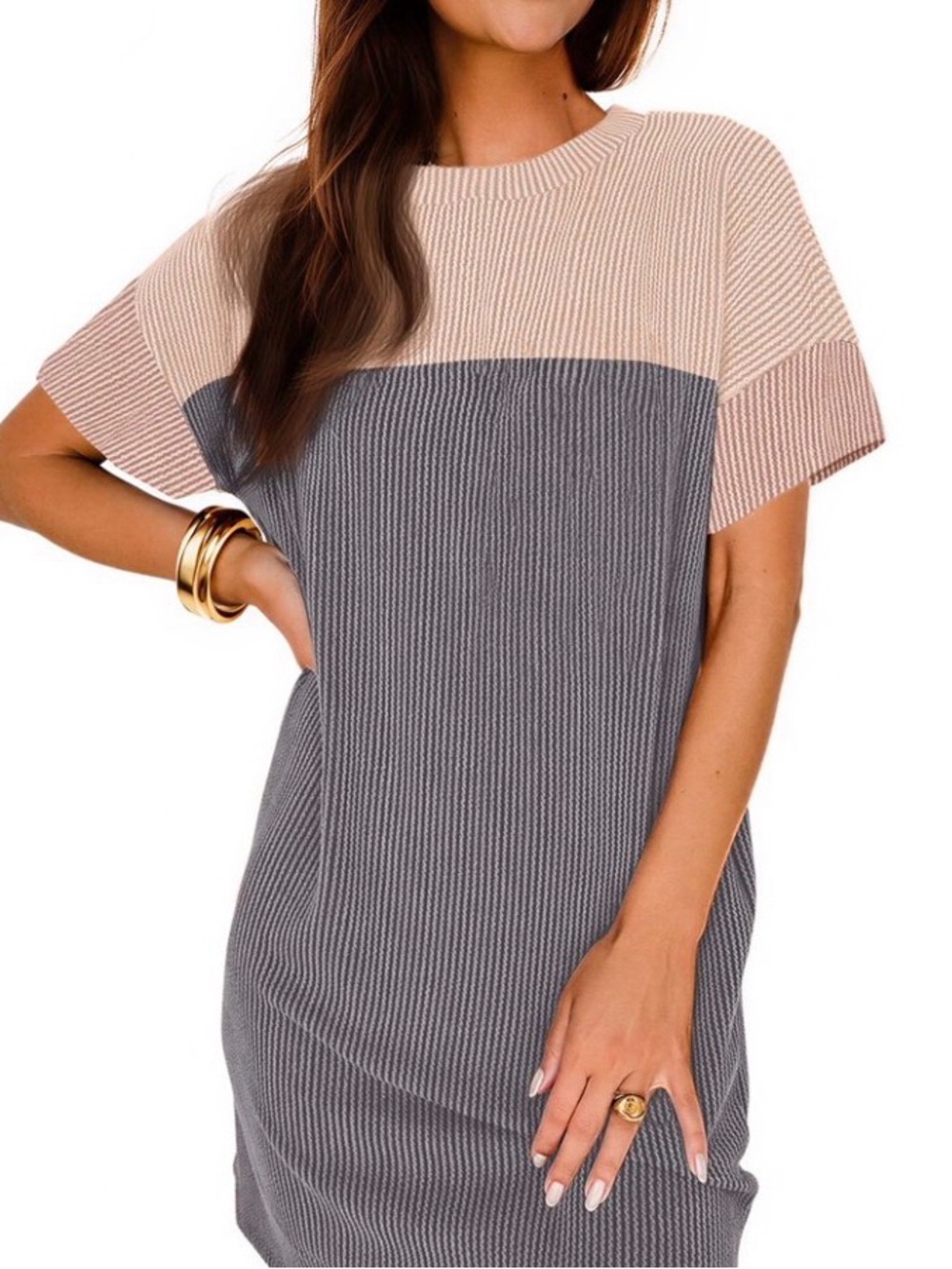 FANTASLOOK COLOR BLOCK T-SHIRT RIBBED DRESS, NEW XL